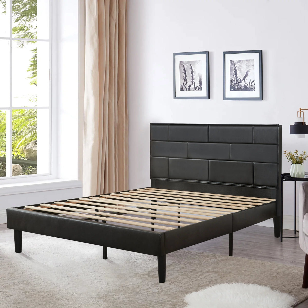 Queen Platform Bed Frame with Faux Leather Upholstered Headboard U160140